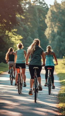 A group of people, friends, happily riding bicycles down a beautiful road.の素材