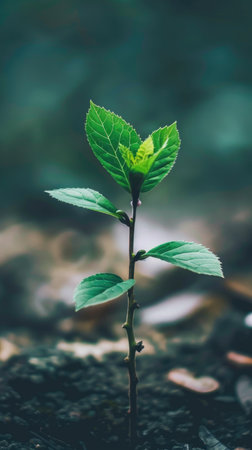 A small green plant is growing in the dirt. The plant is small and has a few leavesの素材