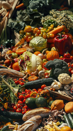 A large pile of vegetables including broccoli, cauliflower, and carrots. The vegetables are piled high and are spread out across the imageの素材