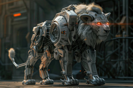 A robot lion with red eyes and a silver body. The robot lion is standing on a gray surfaceの素材