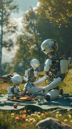 A robot family is sitting on a blanket in a field, eating food. Scene is peaceful and serene, as the robots seem to be enjoying a simple moment of relaxation and bonding with each otherの素材