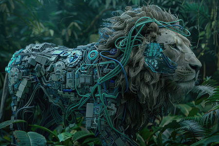 A lion with a robotic body and a green maneの素材