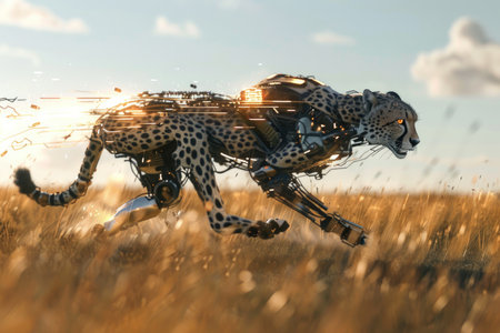 A cheetah is running through a field with a futuristic look. The cheetah is surrounded by a lot of grass and the sky is cloudyの素材