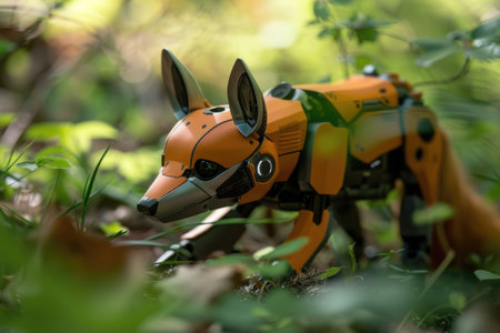 A robot fox is walking through the woods. The robot is orange and has a metallic look. The robot is walking through the grass and leaves, and it is exploring the areaの素材