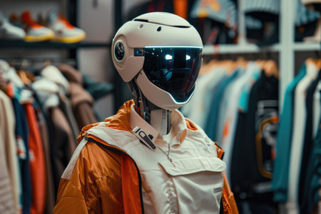 A robot in a white helmet stands in front of a rack of clothes. The robot is wearing an orange jacket and white pantsの素材