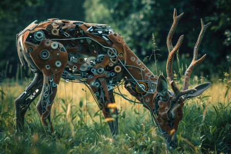 A deer with mechanical parts on it is eating grass in a field. Concept of whimsy and creativity, as the deer's appearance is not typical of a real animalの素材