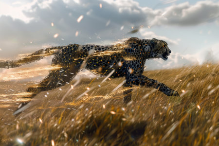 A cheetah is running through a field of tall grass. The image is a mix of real and digital elements, with the cheetah's body appearing to be made of pixels. Scene is energetic and dynamicの素材