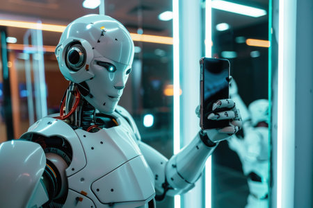 A robot is holding a cell phone and taking a selfie. The robot is white and has a human-like face. Concept of technology and artificial intelligenceの素材