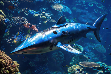 A silver robot shark swimming in a coral reef. The shark is surrounded by many fish and other sea creaturesの素材