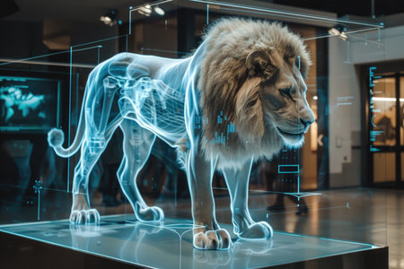 A lion is displayed in a museum with a skeleton in the background. The lion is shown in a 3D hologram, giving it a lifelike appearance. The museum exhibit aims to educate visitors about the anatomyの素材