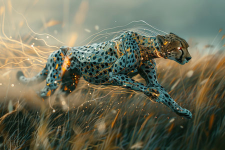 A cheetah is running through a field of tall grass. The cheetah is depicted in a stylized and abstract way, with its body and legs appearing to be made of metal or other materialsの素材