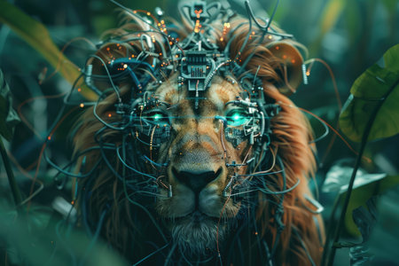 A lion with a metallic face and green eyes. The lion is surrounded by wires and has a robotic appearanceの素材