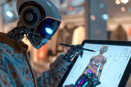 A robot is drawing a woman on a computer screen. The robot is wearing a white jacket and has a blue face. The woman is wearing a black dress and has a tattoo on her armの素材