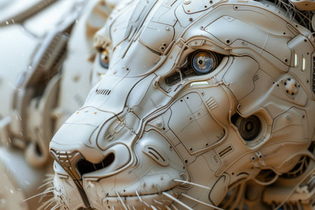 A robot lion with a metallic face and blue eyesの素材