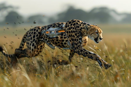A leopard running through a field with a robotic arm on its back. Scene is one of excitement and adventure, as the leopard is depicted as a powerful and agile creatureの素材
