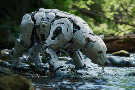A robot polar bear is walking in a river. The bear is white and has a metallic appearance. The scene is futuristic and gives off a sense of wonder and amazementの素材