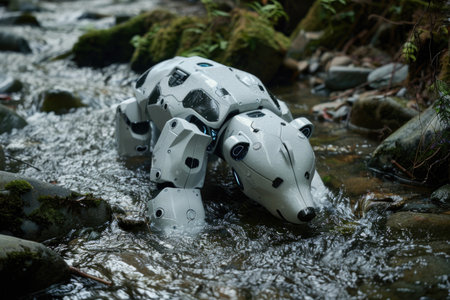 A robot in the water that looks like a polar bear. The robot is white and has a black noseの素材