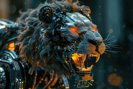 A lion with a mechanical face and glowing eyes. The lion is in a dark room with a lot of smoke and sparksの素材