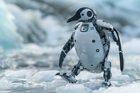A robot penguin is walking on ice. The robot is white and blackの素材