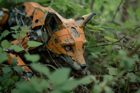 A robot fox is walking through the woods. The robot is orange and has a metallic appearance. The woods are lush and green, with plenty of foliage and treesの素材