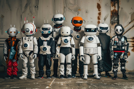 A group of robots are standing in a line, with some wearing black and others wearing white. The robots are all different sizes and shapes, and they appear to be posing for a photoの素材