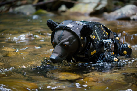 A bear in a black suit is swimming in a river. The bear is surrounded by water and rocksの素材