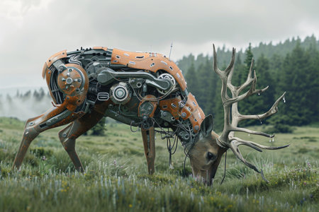 A robot deer is eating grass in a field. The robot deer is made of metal and has a mechanical appearance. The scene is set in a lush green field with trees in the backgroundの素材