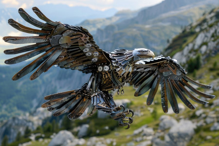 A large eagle made of metal is flying over a mountain range. The eagle is made of many different pieces of metal, giving it a unique and intricate appearance. Concept of freedom and strengthの素材