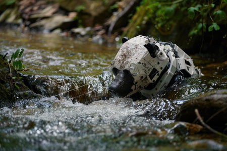 A robot is in the water, and it is covered in mud. The robot is not a real one, but it looks like oneの素材