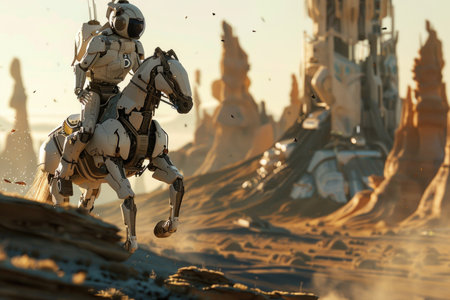 A robot is riding a horse in a desert. The robot is wearing a helmet and has a sword on its back. The horse is running through the desert, and there are some buildings in the backgroundの素材