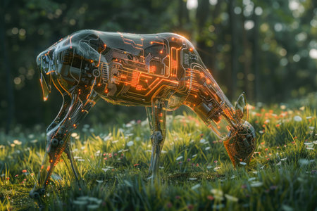 A robot is eating grass in a field. The robot is made of metal and has a mechanical appearance. The grass is green and the field is lush and vibrantの素材