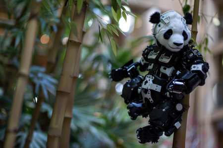 A robot panda is sitting on a tree branch. The robot is black and white and has a robotic arm. The robot is not a real panda, but it looks like oneの素材