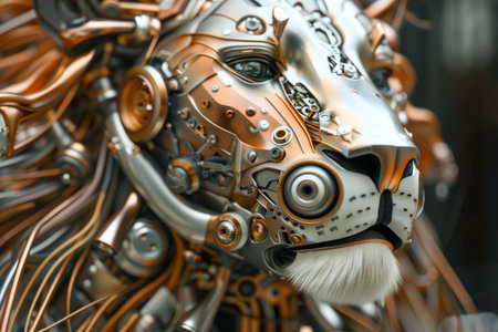 A robot lion with a metallic face and a silver mane. The lion is made of metal and has a robotic appearanceの素材