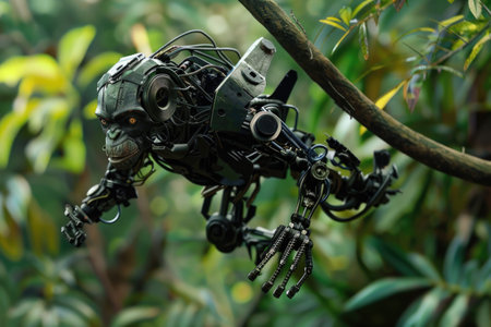 A robot monkey is flying through the trees. The robot is made of metal and has a creepy, menacing look. The scene is set in a lush, green jungle, with the robot monkey perched on a tree branchの素材