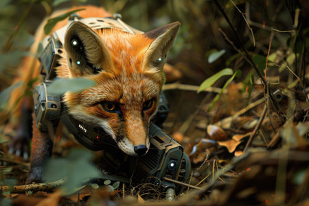 A fox is in a forest with a camera on its head. The fox is wearing a harness and he is a part of a video gameの素材