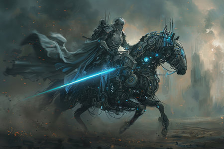 A man is riding a horse with a sword in his hand. The horse is covered in wires and has a blue light on its head. The scene is dark and ominous, with a sense of danger and forebodingの素材