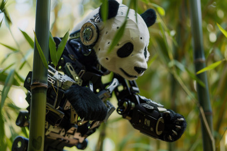 A robot panda is climbing a tree. The robot is made of metal and has a black and white design. The robot is holding onto a branch with its right handの素材