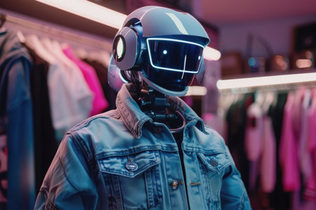 A robot wearing a blue jacket stands in front of a rack of clothes. The robot is wearing a helmet and has a glowing light on its face. The scene is set in a storeの素材