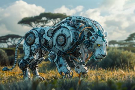 A robot lion is walking through a field of grass. The robot lion is made of metal and has a mechanical appearance. The scene is set in a natural environment, with trees in the backgroundの素材