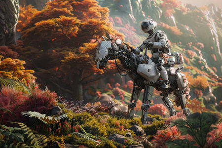 A robot is riding a horse in a forest. The robot is wearing a helmet and has a backpack on its back. The scene is set in a lush green forest with a variety of trees and plantsの素材