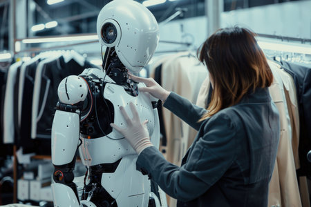 A woman is touching a robot in a store. The robot is white and has a black headの素材