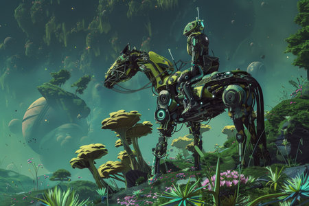 A man is riding a robot horse in a lush green forest. The robot horse is yellow and black, and the man is wearing a suit. The scene is set in a futuristic world, with a mix of naturalの素材