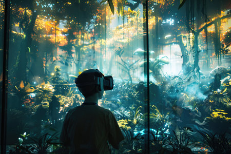 A boy wearing a virtual reality headset is looking at a forest scene. The scene is full of trees and plants, and the boy appears to be enjoying the experienceの素材