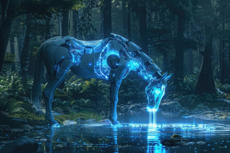 A horse is drinking from a body of water with a blue glow. The scene is set in a forest, and the horse appears to be a robot. The blue glow gives the scene a futuristic and otherworldly feelの素材