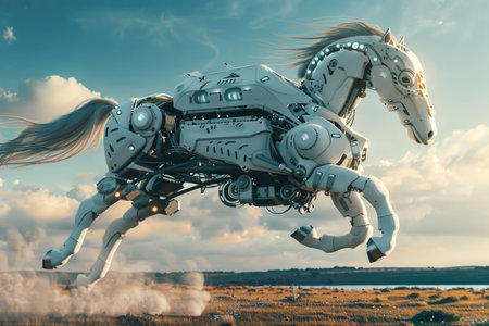 A robot horse is flying through the sky. The robot horse is white and has a metallic appearance. The sky is blue and there are some clouds in the background. Scene is futuristic and imaginativeの素材