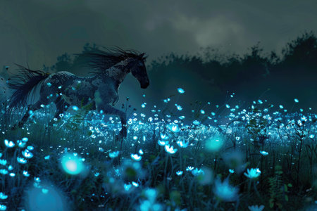 A horse is running through a field of flowers that are glowing in the dark. The scene is serene and peaceful, with the horse's movement creating a sense of motion and energyの素材