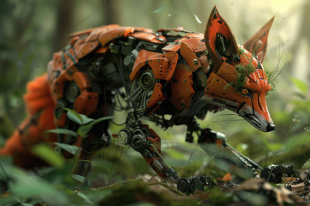 A robot fox is walking through a forest. The robot fox is orange and has a metallic appearance. Scene is futuristic and mysteriousの素材