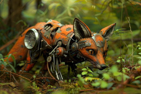 A robot fox is walking through a forest. The robot fox is made of metal and has a mechanical look to it. The forest is lush and green, with plenty of foliage and treesの素材