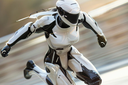 A woman in a white and black robot suit is running. The robot suit is designed to look like a human, and the woman is wearing a helmet. The image has a futuristic and sci-fi vibe, with the robot suitの素材