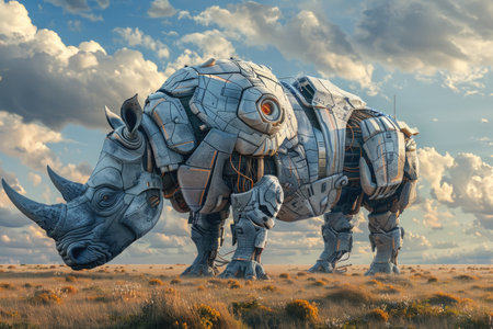 A robot rhino is standing in a field of grass. The robot rhino is made of metal and has a robotic appearance. The robot rhino is surrounded by a cloudy sky, which gives the scene a somewhat eerieの素材